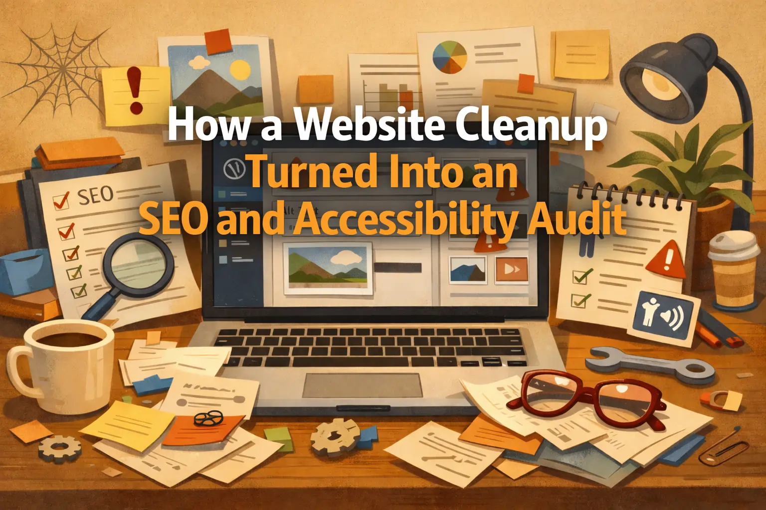 Illustrated blog header showing a cluttered desk with a laptop, SEO checklist, accessibility notes, and the title “How a Website Cleanup Turned Into an SEO and Accessibility Audit.”