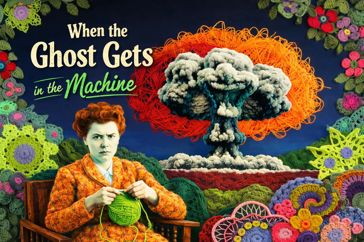 When the Ghost Gets in the Machine Fiber arts-inspired blog header for “When the Ghost Gets in the Machine” showing a knitter and a yarn mushroom cloud