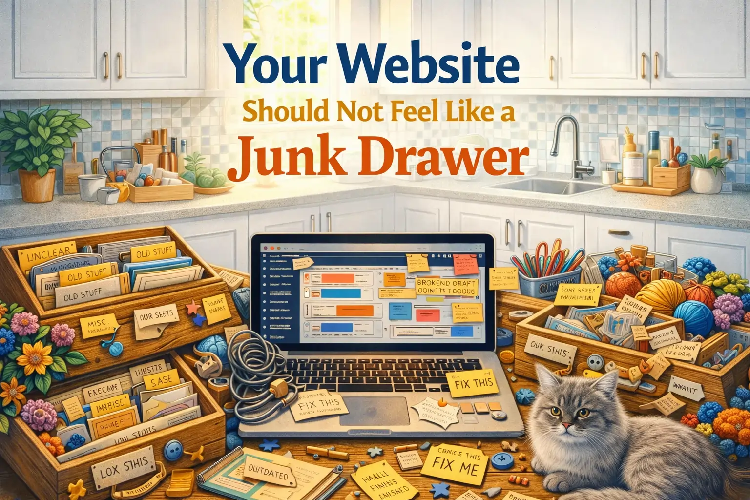 Cluttered kitchen junk drawer used as a metaphor for a messy small business website