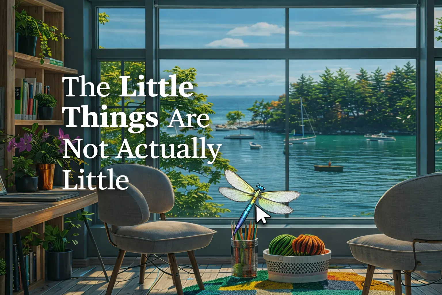 Blog header for “The Little Things Are Not Actually Little” showing a calm lakeside room with a dragonfly cursor and yarn