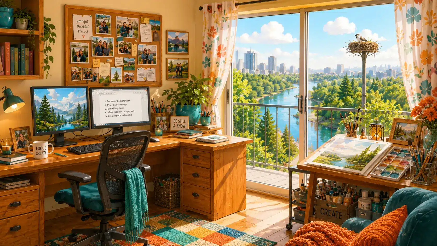 Illustrated warm workspace with a desk, bookshelves and a mountain village outside the window.