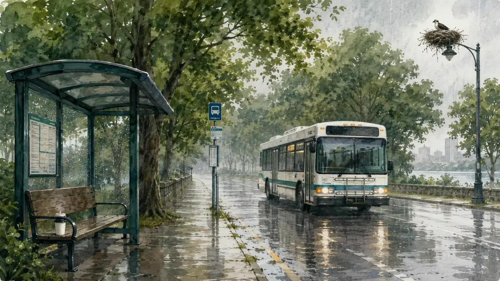 A city bus approaching a rain-soaked bus stop, representing planning for difficult days.