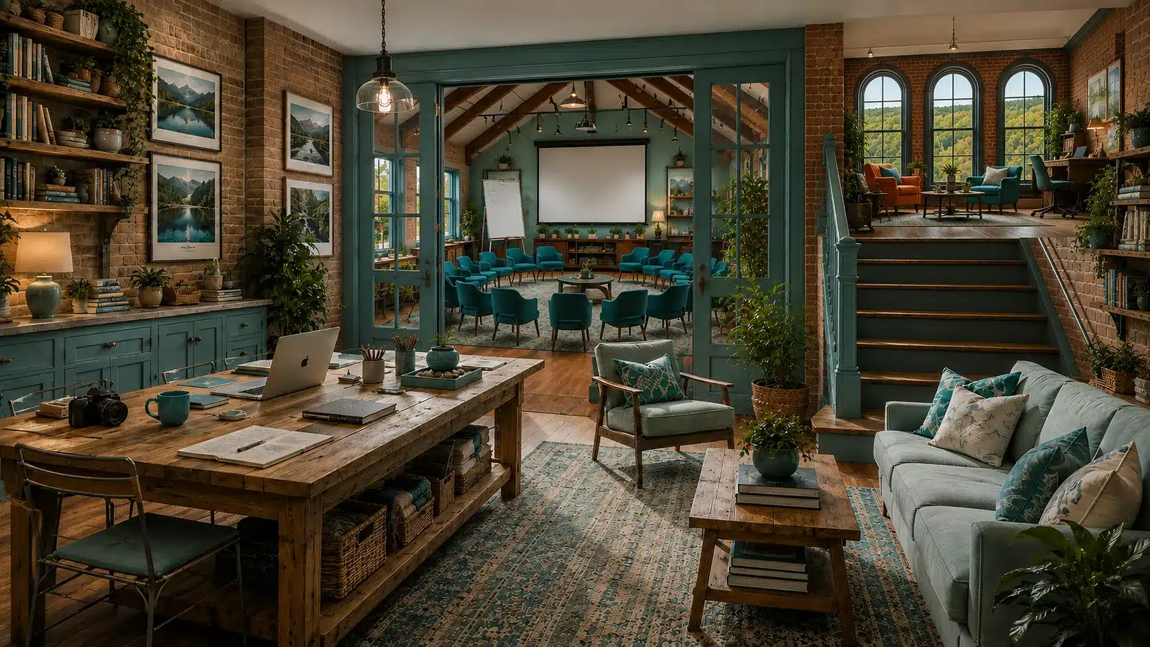 Artemis's studio Illustrated warm workspace with a desk, bookshelves and a mountain village outside the window.