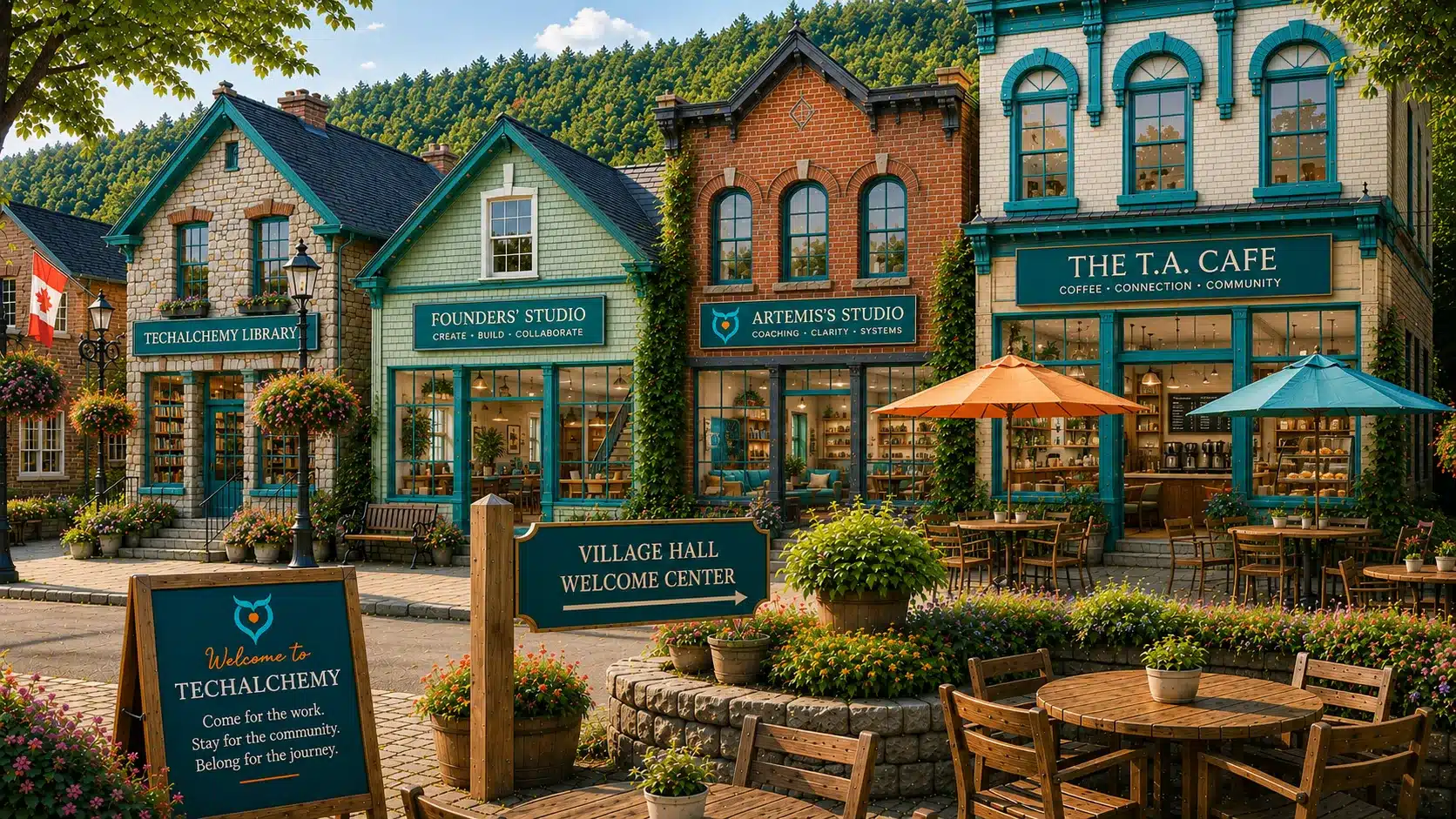 TechAlchemy Village Main Street Colourful storefronts along TechAlchemy Village main street