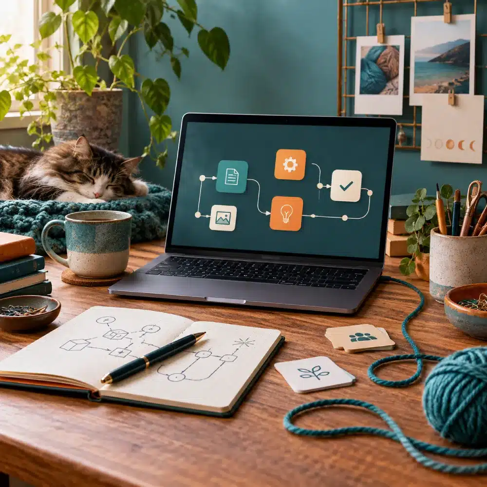 Creative workspace with a laptop, workflow diagram, notebook, yarn and sleeping cat