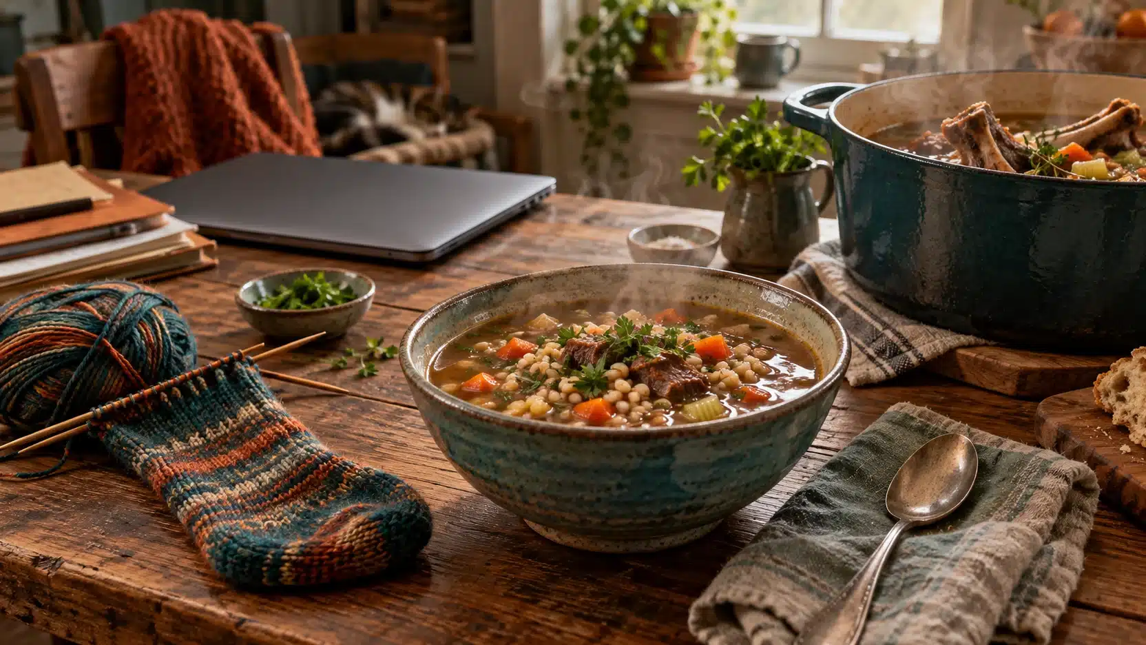 A bowl of homemade beef-and-barley soup beside a sock in progress and a closed laptop.