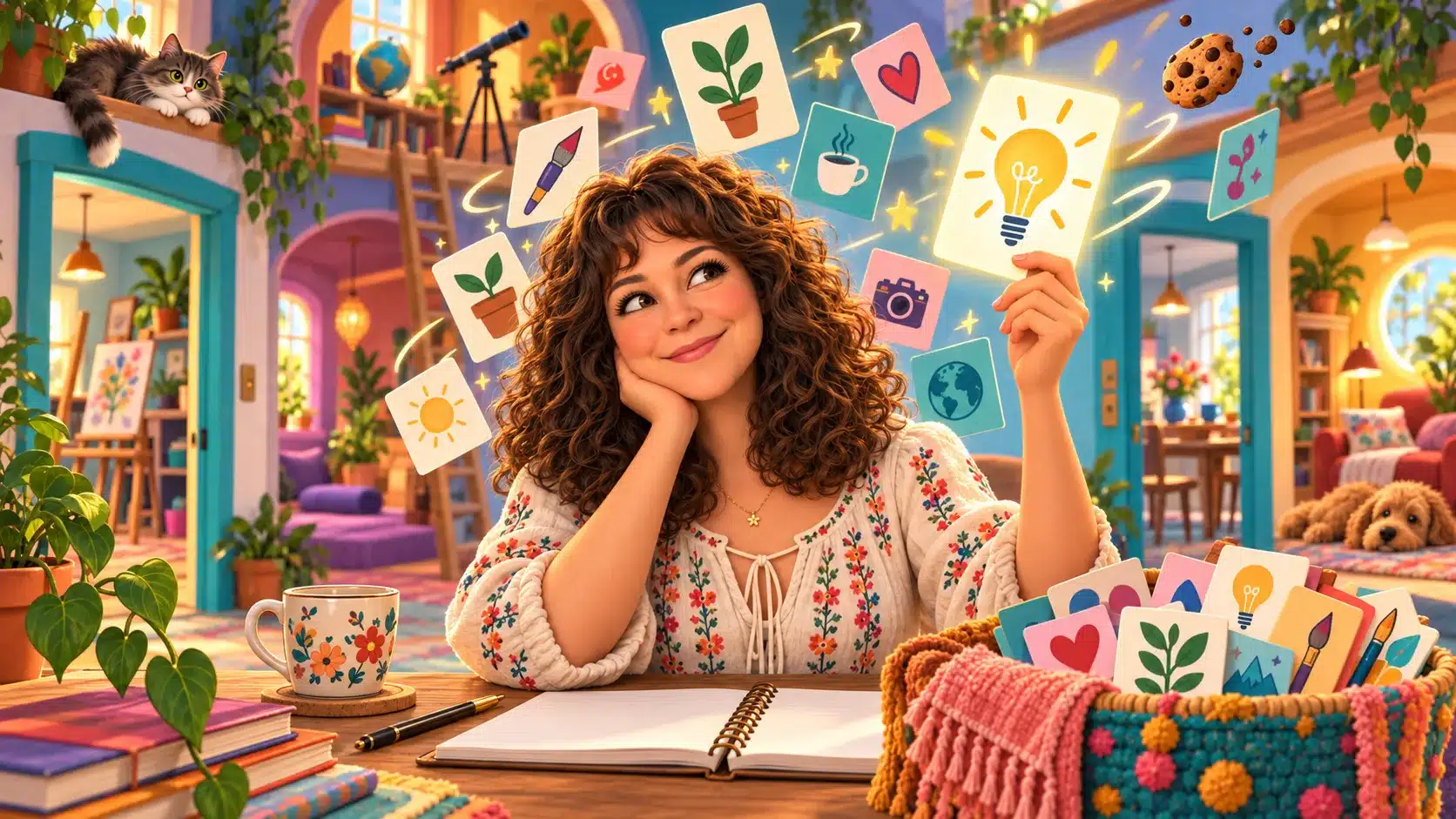 3D cartoon of Artemis trying to choose one workshop idea while colourful ideas swirl around her and the rest wait safely in a basket.