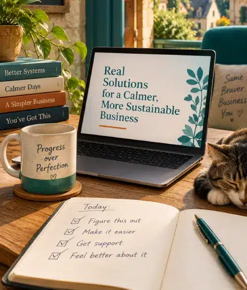 Laptop showing real solutions for a calmer business beside a notebook and sleeping cat