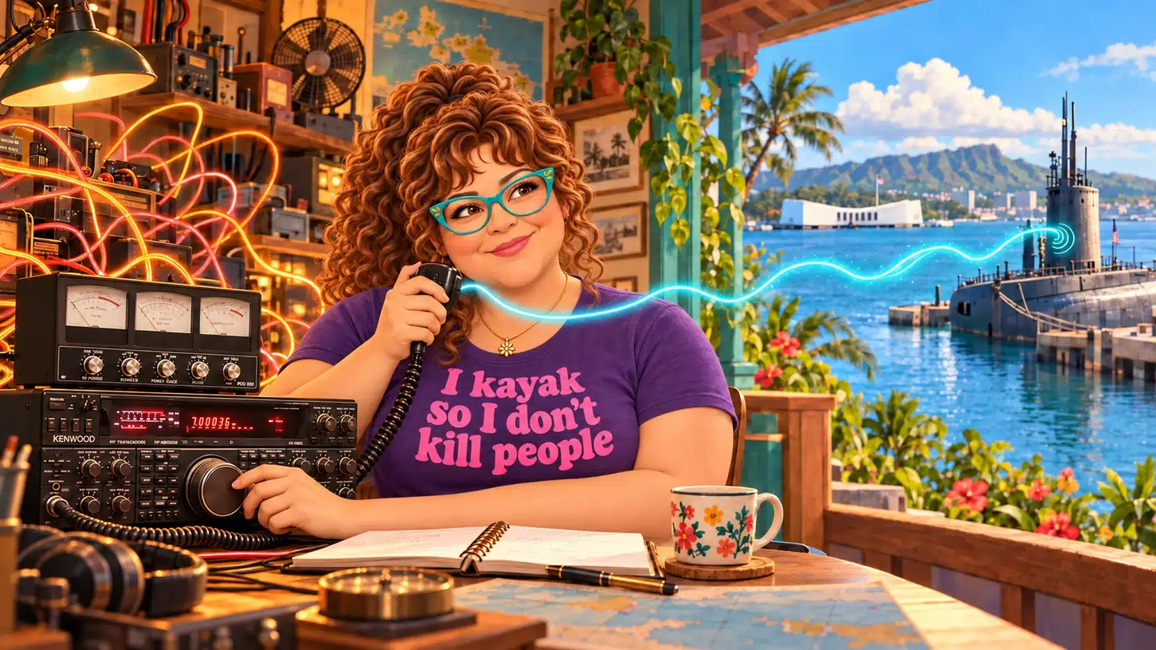 A mature plus-size woman with a high curly auburn ponytail threaded with silver and teal glasses operates an older black HF radio in a warm shop. She wears a purple T-shirt with bright pink lettering that reads “I kayak so I don't kill people.” Tangled orange signals crowd around her while one turquoise signal reaches a moored Second World War submarine in Pearl Harbor.