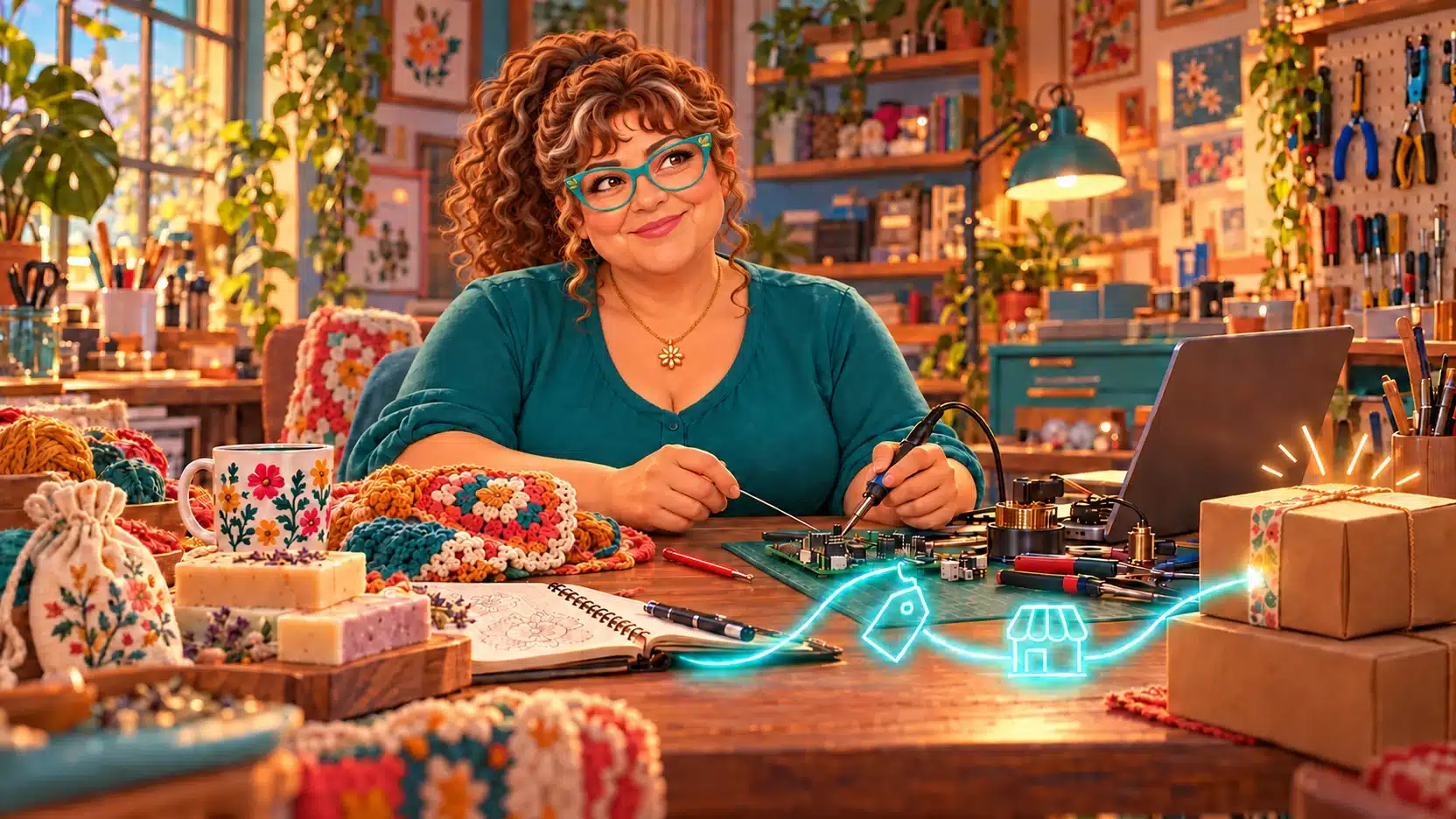 Artemis, wearing turquoise glasses with her curly auburn hair in a ponytail, solders a circuit board at a workbench surrounded by yarn, handmade soap, patterns, tools and packaged orders. A glowing turquoise path connects a price tag to a small storefront.
