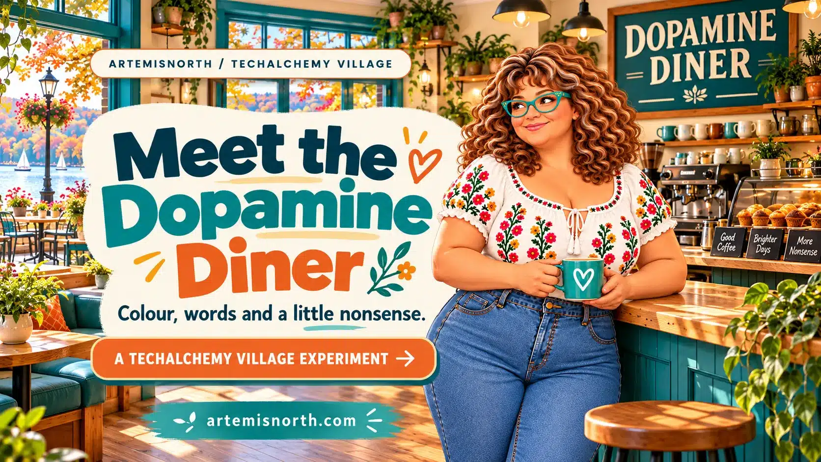 dopamine blog post A smiling illustrated Artemis with curly brown hair and teal glasses holds a coffee mug inside the colourful Dopamine Diner. The sunlit café features teal furnishings, plants, and autumn lake views. Text reads “Meet the Dopamine Diner. Colour, words and a little nonsense.”
