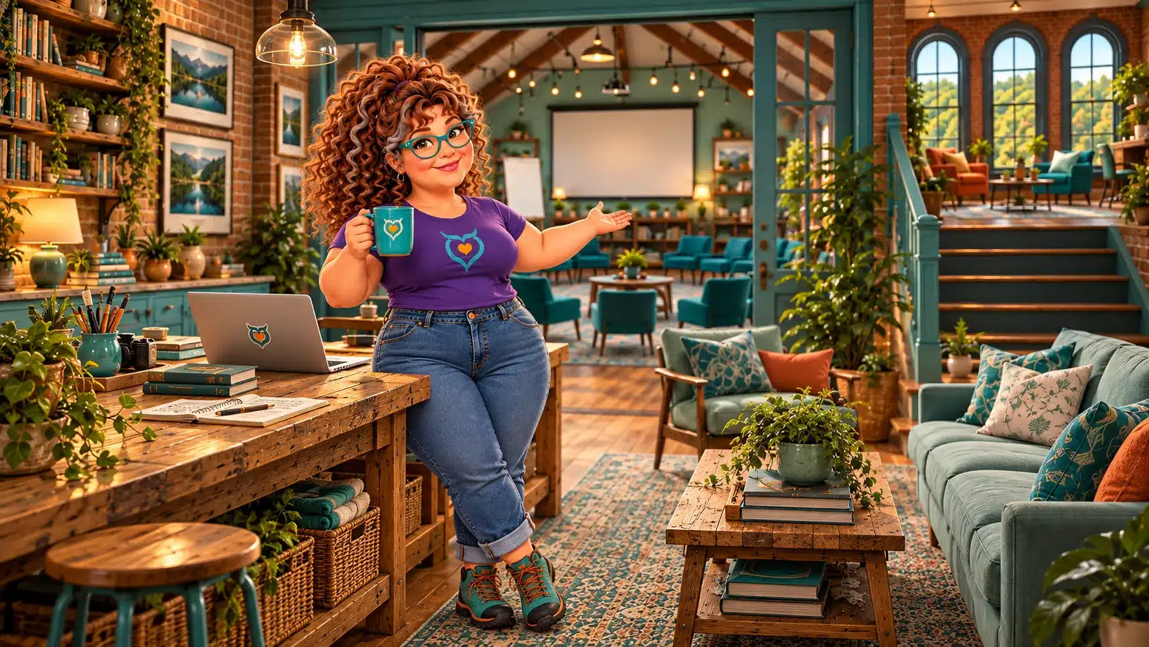 Artemis holding a coffee mug and welcoming visitors into her cozy TechAlchemy Village studio.